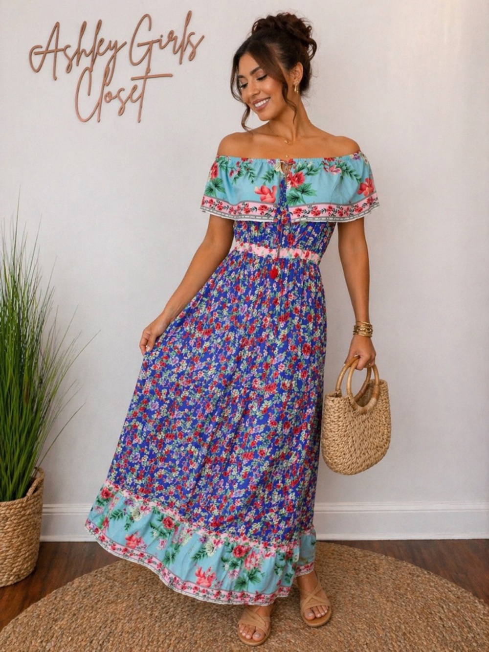 Enface Blue Floral Off Shoulder Maxi Dress | Boho Ruffle Tassel